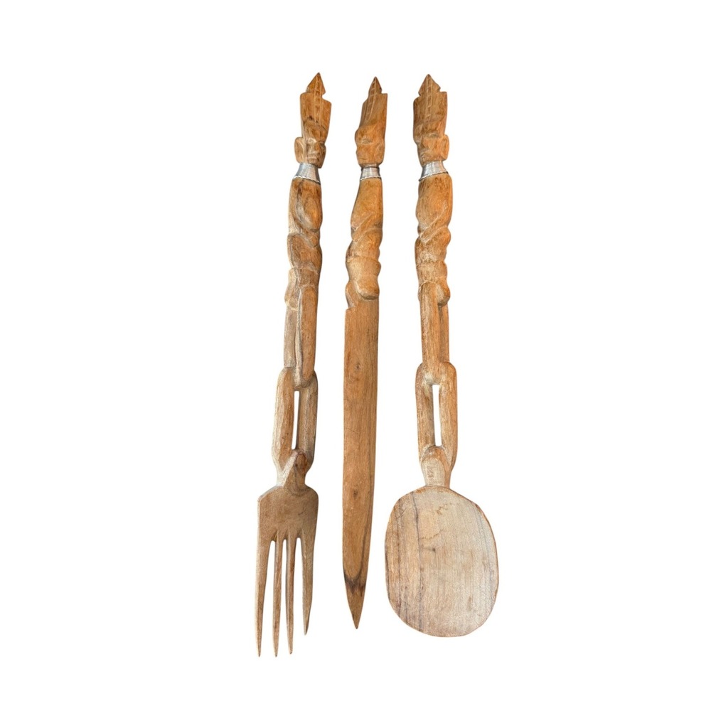 Hand Carved Wooden Tribal Serving Utensil Set Spoon‎ Fork Knife 3 Pc Decor 17"